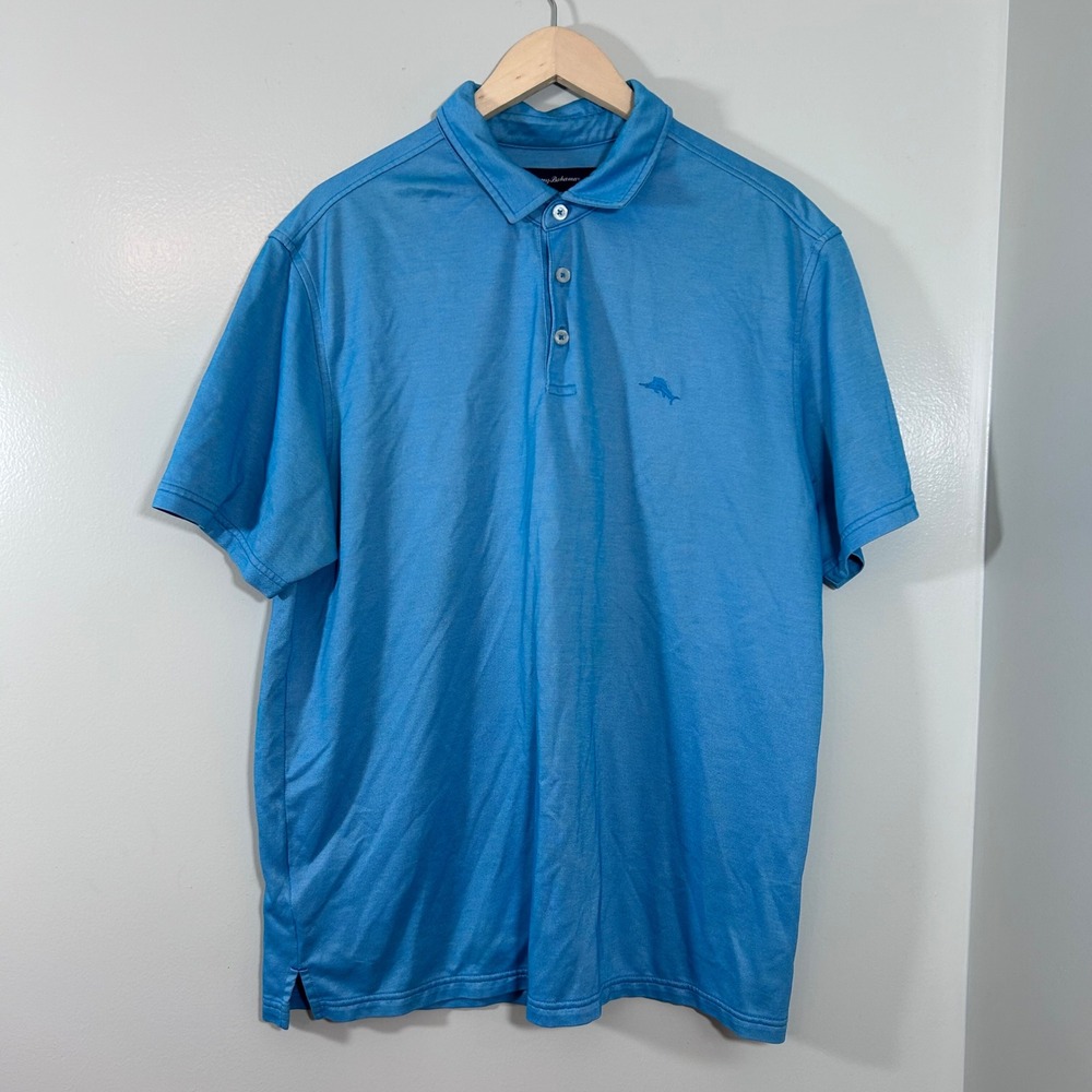 Tommy Bahama Mens XL Blue Short Sleeve Pima Cotton Blend Polo Shirt Marlin Logo